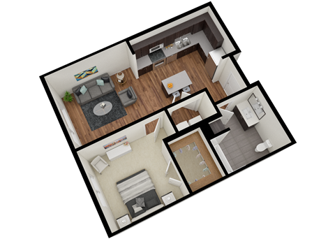 Floor plan for 1 bed, 1 bath, 657 sqft